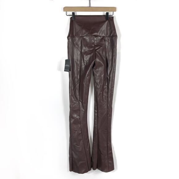 Norma Kamali Spat Legging Faux Leather Pants Chocolate Brown Flare Split Sz XS - Picture 9 of 11